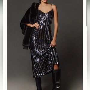 NWT Maeve Sequin Midi Slip Dress Vertical Stripe Navy Silver Black Size Medium
